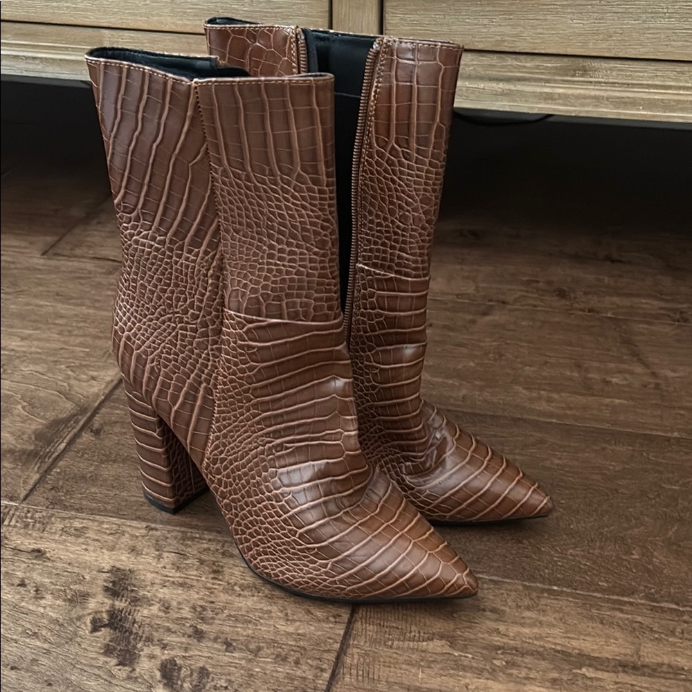 Lulu's Brown Heeled Boots with Croc Texture